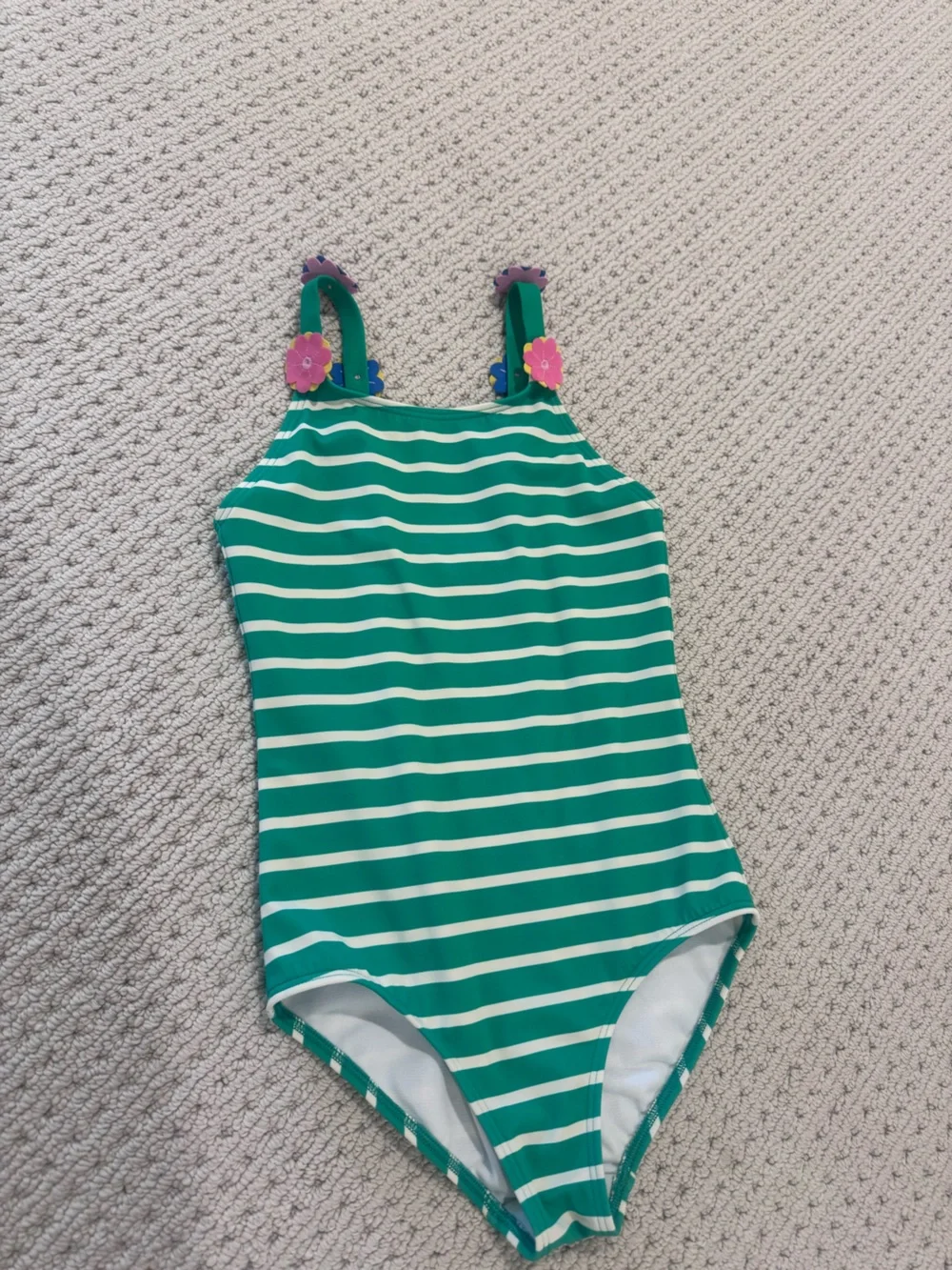Mini Boden Green and White Striped One-Piece Swimsuit with Floral Straps